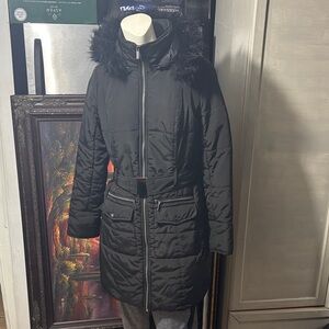 New York & Company Black Puffer Coat with Faux Fur